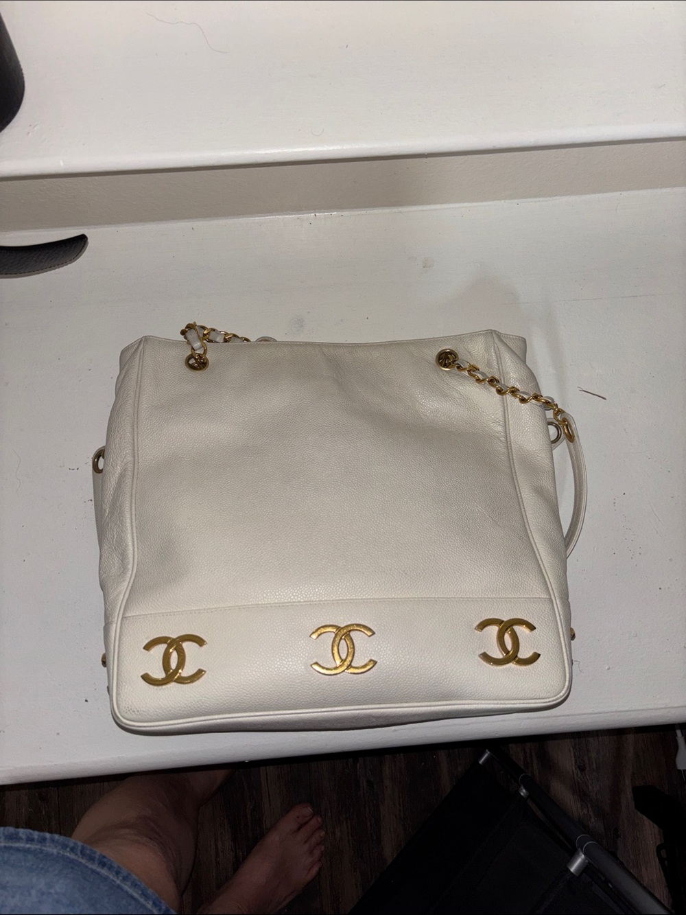 CHANEL Cream Shoulder Bag with Gold CC Logos